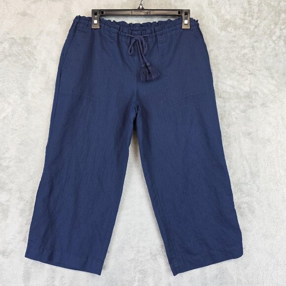 Lauren Ralph Lauren Pants Womens Petite Medium Navy Cropped Linen Drawstring - Picture 1 of 13